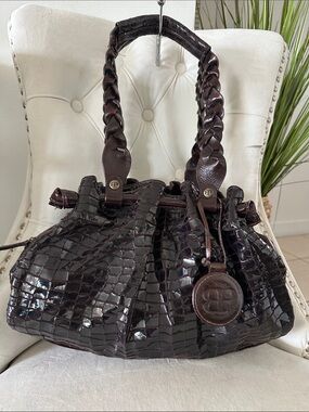 Barbara Palacios Woven Handle Croc-Embossed Bucket Bag - Dark Brown